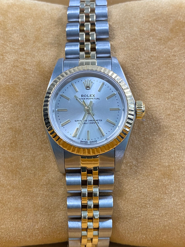 Rolex Steel & Yellow Oyster Perpetual Lady - A serial - Fluted Bezel - Silver Index Dial - Jubilee Bracelet - 76193 *Service Warranty Card*
