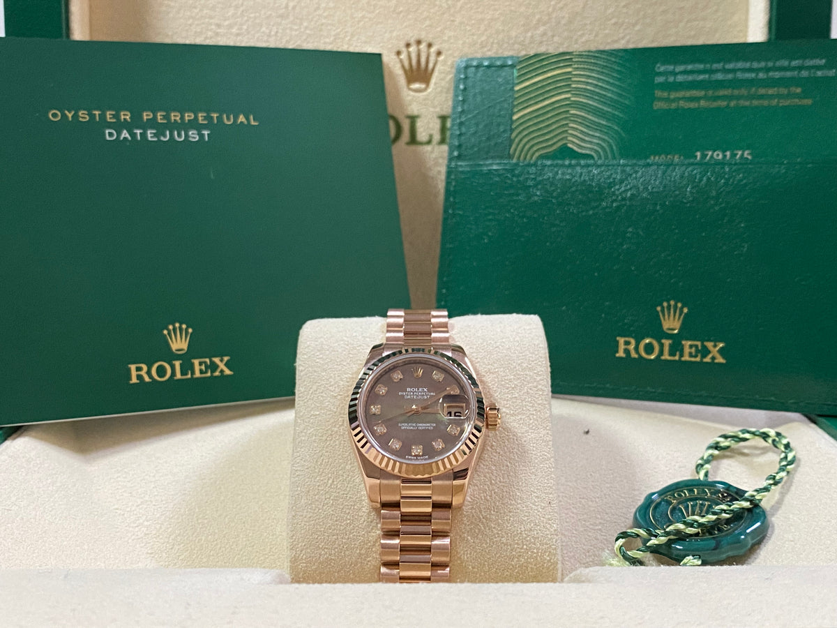 Rolex Everose Gold Lady-Datejust 26 - 2020 - Fluted Bezel - Factory Tahitian Mother of Pearl Diamond Dial - President Bracelet - 179175
