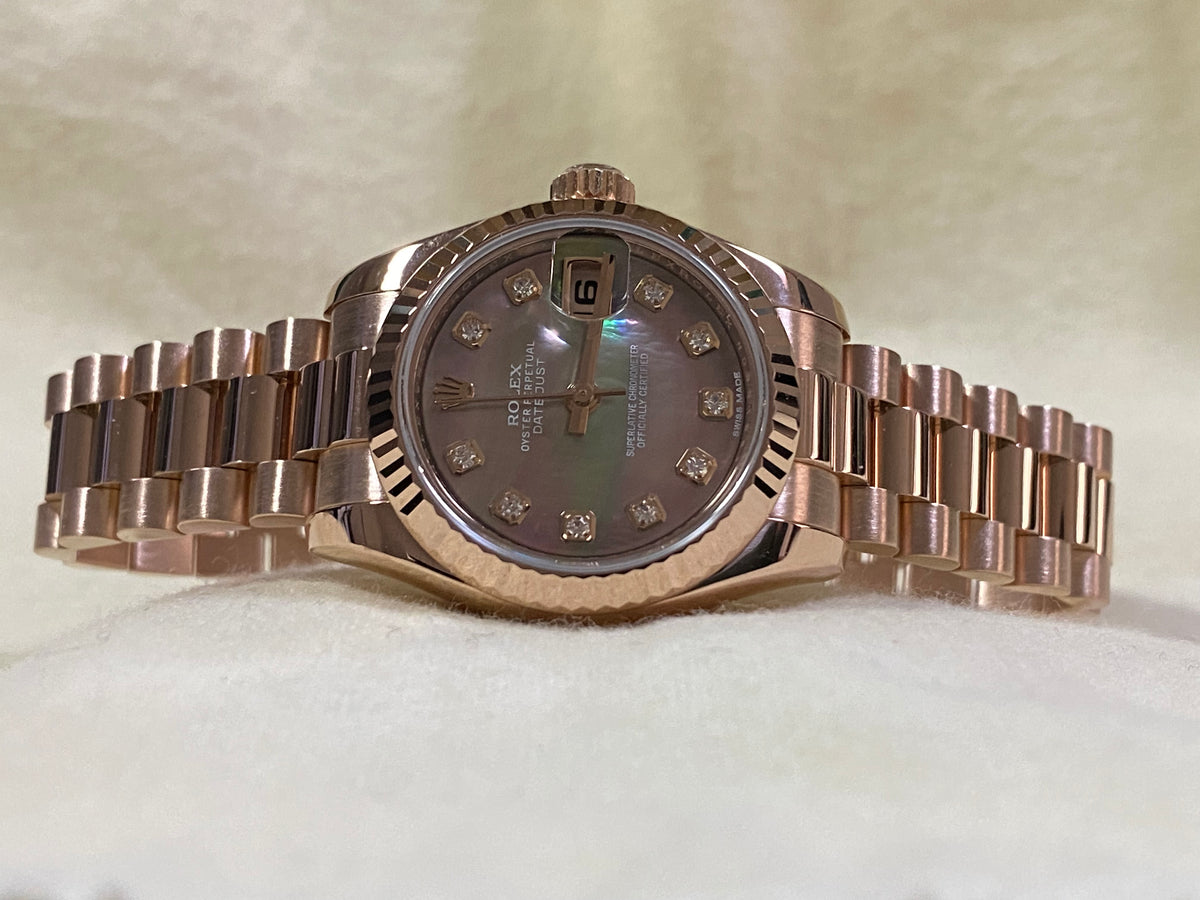 Rolex Everose Gold Lady-Datejust 26 - 2020 - Fluted Bezel - Factory Tahitian Mother of Pearl Diamond Dial - President Bracelet - 179175