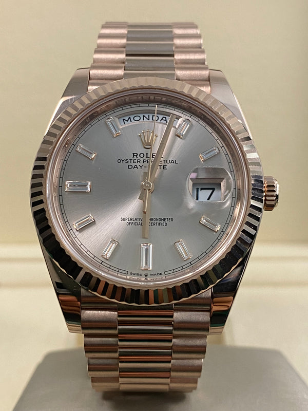 Rolex Everose Gold Day-Date 40 - 2022 - Fluted Bezel - Sundust Baguette Dial - President Bracelet - 228235 *FULL SET*
