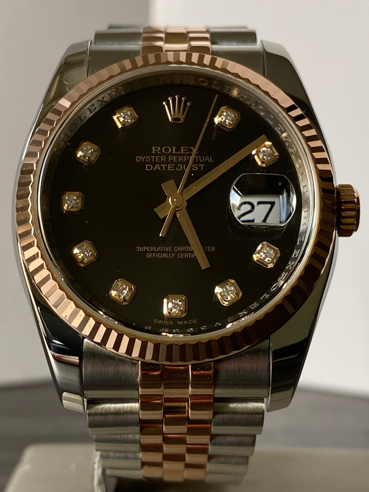 Rolex Steel and Everose Gold Datejust 36 - 2009 - Fluted Bezel - Black Diamond Dial - Jubilee Bracelet - 116231