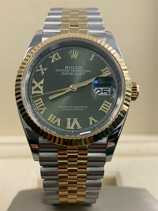 Rolex Yellow Gold Rolesor Datejust 36 - 2021 - Olive Green Diamond-set Dial - Jubilee Bracelet - 126233 *FULL SET*