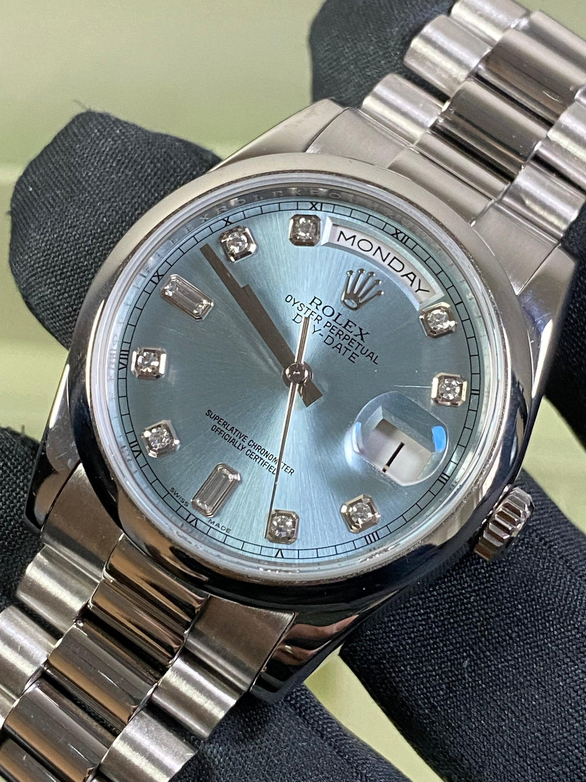 Rolex Platinum Day-Date 36 - G Serial - Domed Bezel - Ice Blue Diamond Dial - President Bracelet - 118206