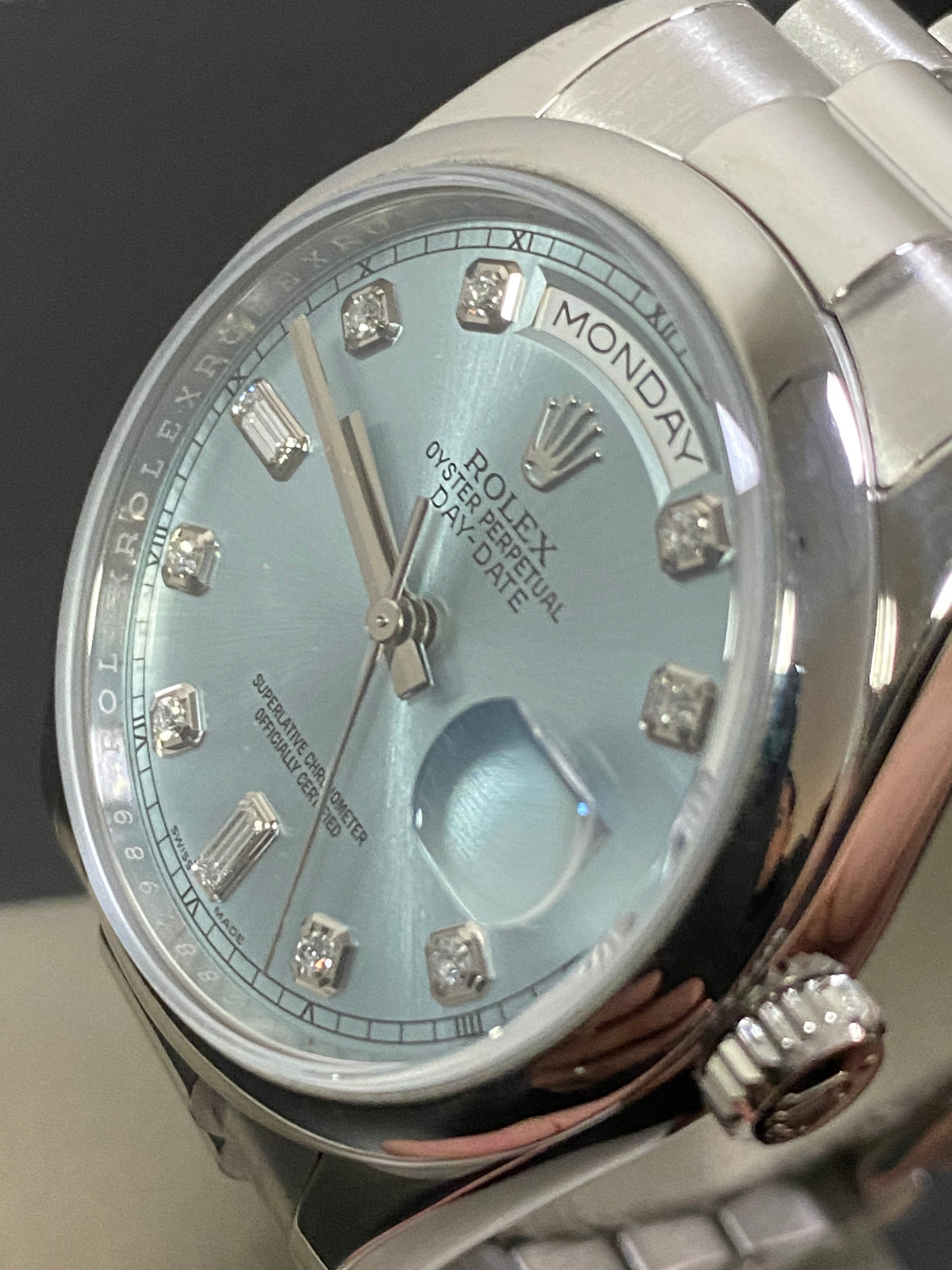 Rolex Platinum Day-Date 36 - G Serial - Domed Bezel - Ice Blue Diamond Dial - President Bracelet - 118206