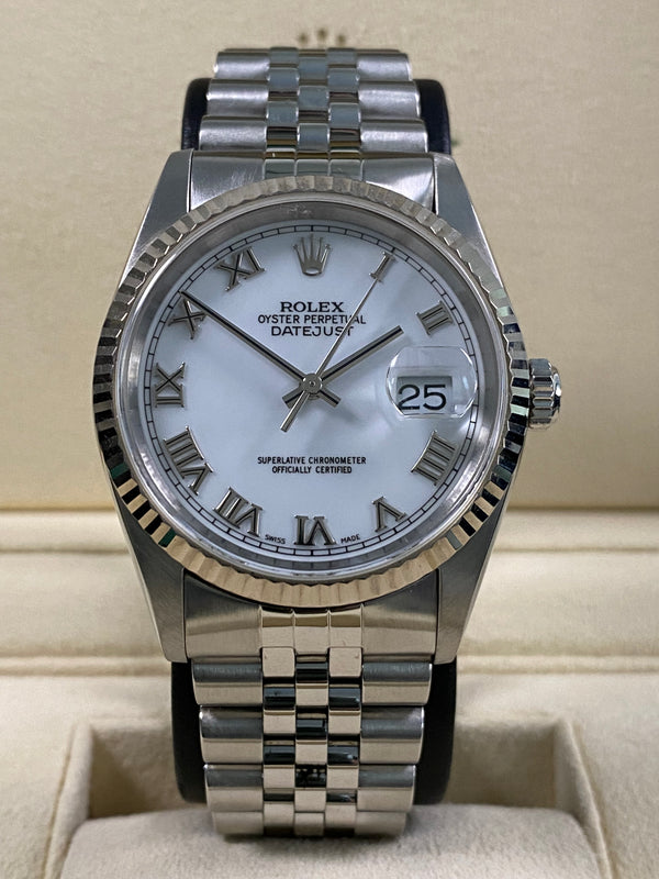 Rolex Datejust 36 - 2000 - White Roman Dial- No Holes Case - 16234 *FULL SET*