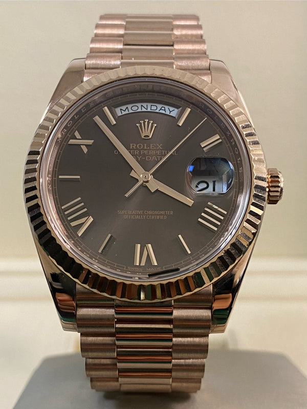 Rolex Everose Gold Day-Date 40 - 2017 - Fluted Bezel - Chocolate Dial - President Bracelet - 228235 *FULL SET*