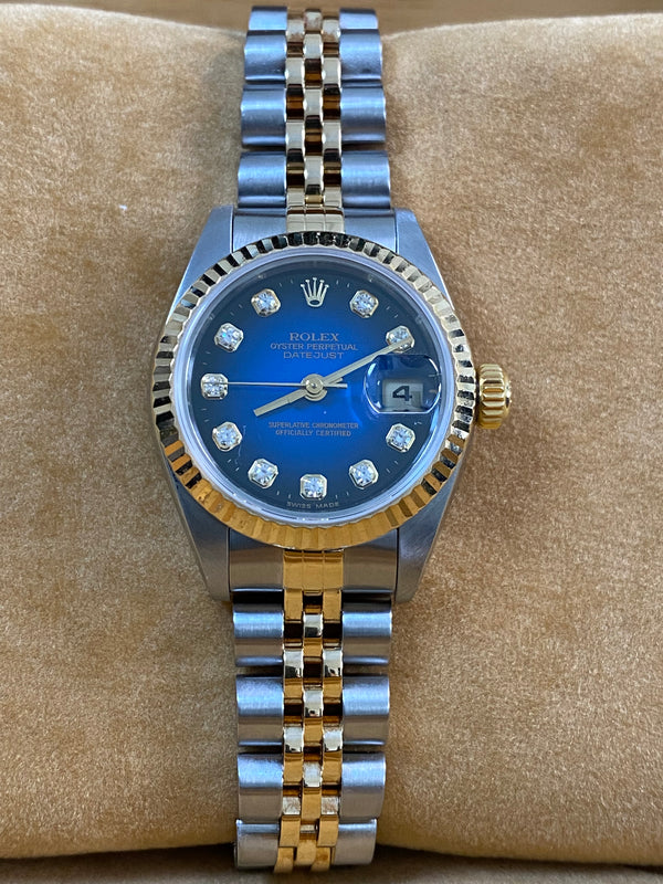 Rolex Steel & Yellow Gold Lady-Datejust 26 - P serial - Fluted Bezel - Blue Vignette Diamond Dial - Jubilee Bracelet - 79173