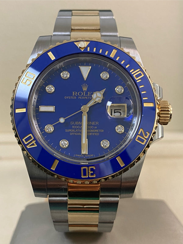 Rolex Steel & Yellow Gold Submariner Date - 2014 - "Bluesy" Serti Diamond Dial - 116613LB *FULL SET*