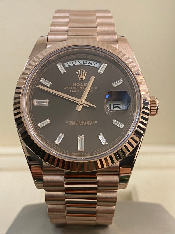 Rolex Everose Gold Day-Date 40 - 2016 - Fluted Bezel - Chocolate Baguette Dial - President Bracelet - 228235 *FULL SET*