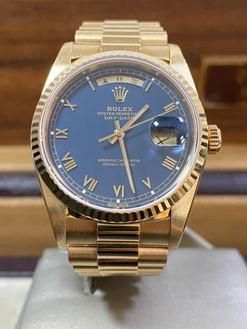 Rolex Yellow Gold Day-Date 36 - 1994 - Fluted Bezel - Blue Roman Dial - Mandarin Date&Date - President Bracelet - 18238