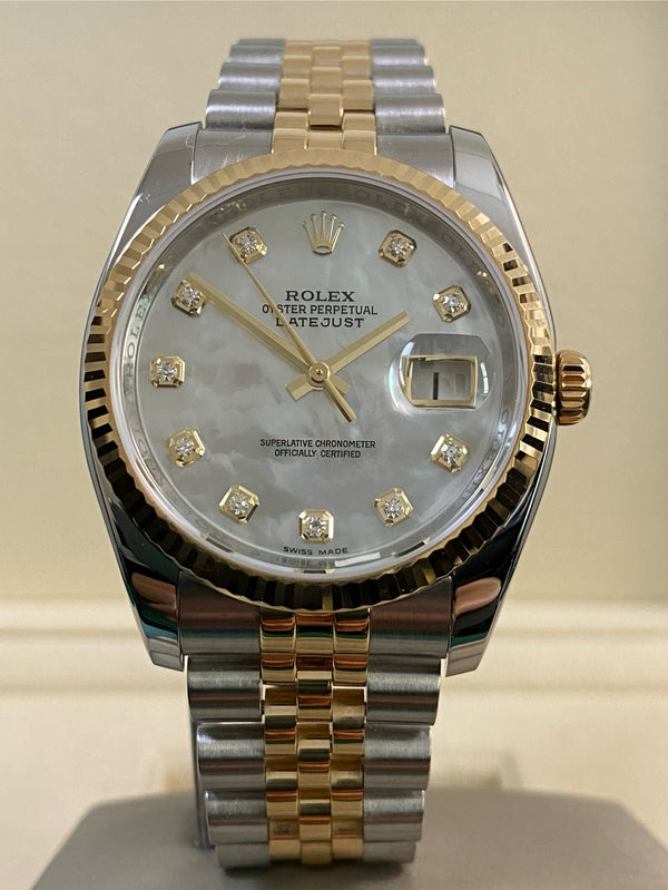 Rolex Steel & Yellow Gold Datejust 36 - G serial - Fluted Bezel - Mother-of-Pearl Diamond Dial - Jubilee Bracelet - 116233 *FULL SET*