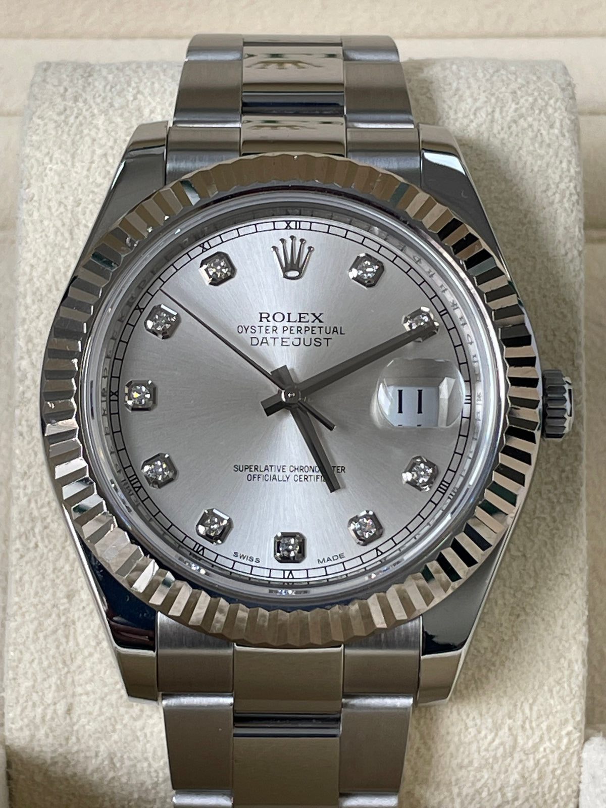 Rolex Steel Datejust II - 2010 - Fluted Bezel - Silver Diamond Dial - Oyster Bracelet - 116334