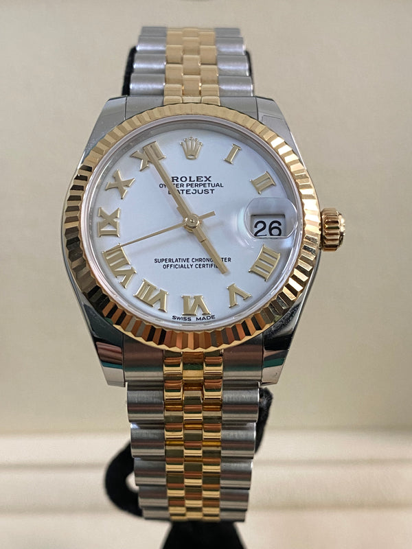 Rolex Yellow Gold Rolesor Datejust 31 - 2018 - Fluted Bezel - White Roman Dial - Jubilee Bracelet - 178273 *FULL SET*