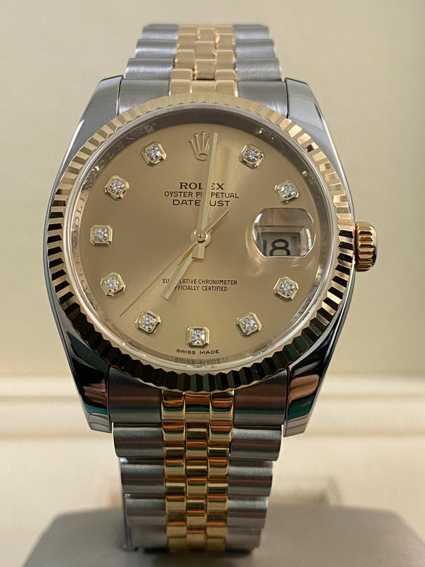 Rolex Steel & Yellow Gold Datejust 36 - M serial - Fluted Bezel - Champagne Diamond Dial - Jubilee Bracelet - 116233 *FULL SET*