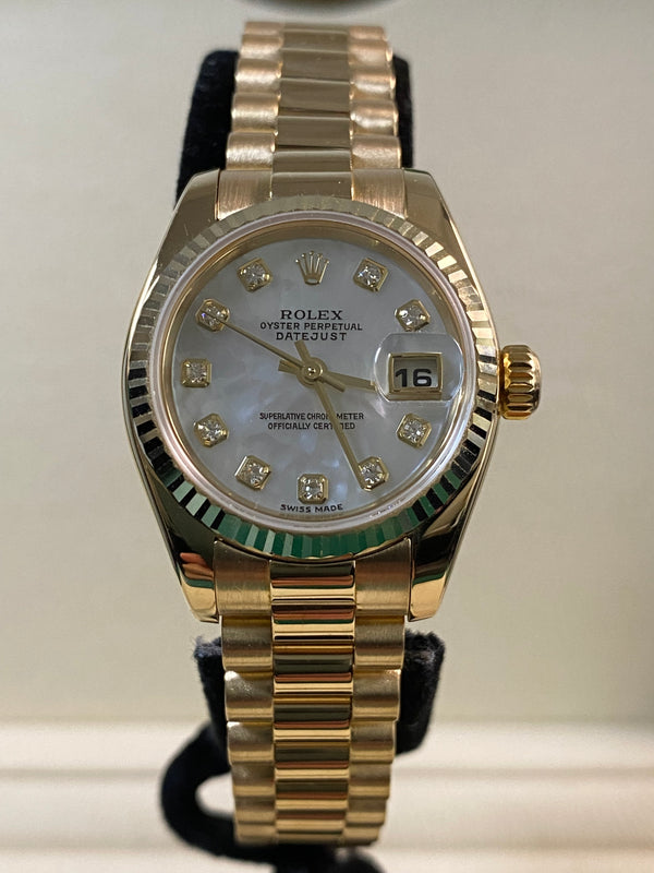 Rolex Yellow Gold Lady-Datejust - Y serial - Fluted Bezel - Mother-of-Pearl Diamond Dial - President Bracelet - 179178