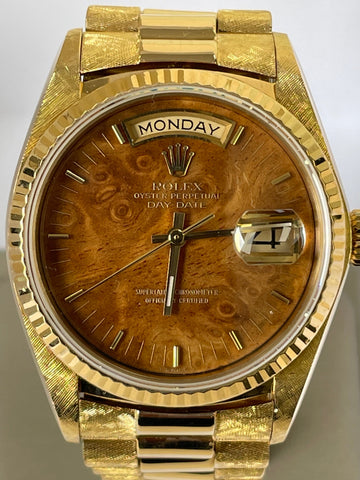 Rolex Yellow Gold Day-Date 36 - Fluted Bezel - Factory Wood Dial - President Bracelet - 18038
