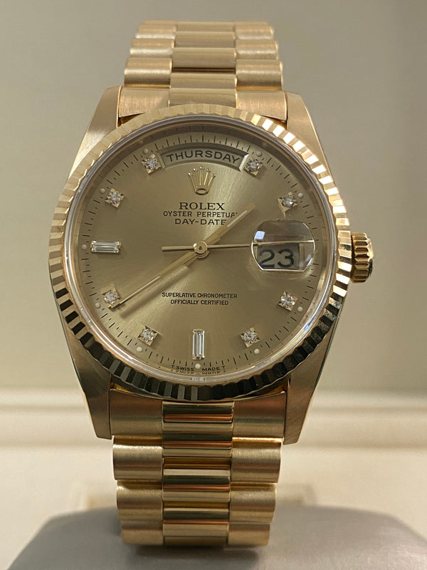Rolex Yellow Gold Day-Date 36 - 1991 - Fluted Bezel - Champagne Diamond Dial - President Bracelet - 18238 *FULL SET*