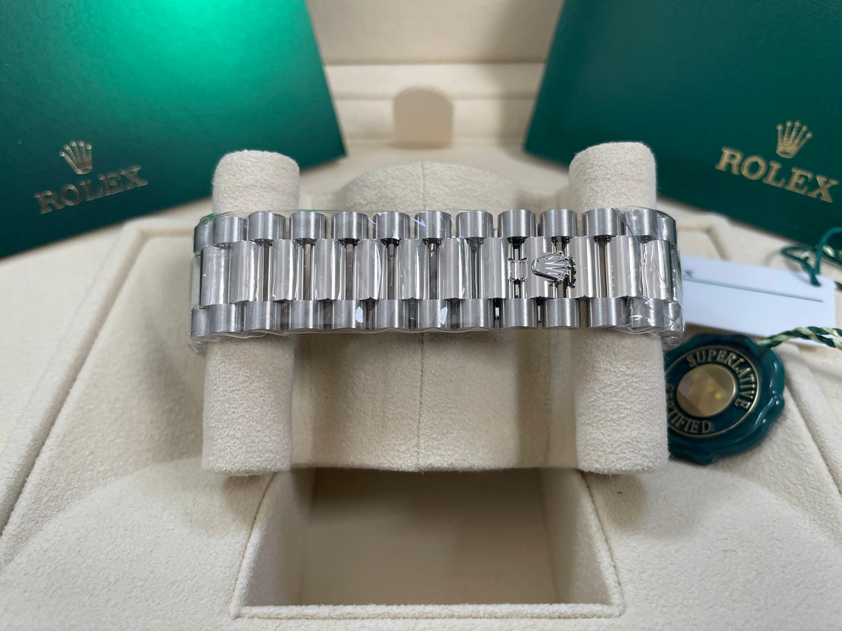 Rolex Platinum DayDate 40 2023 Fluted Bezel Ice Blue Baguette D