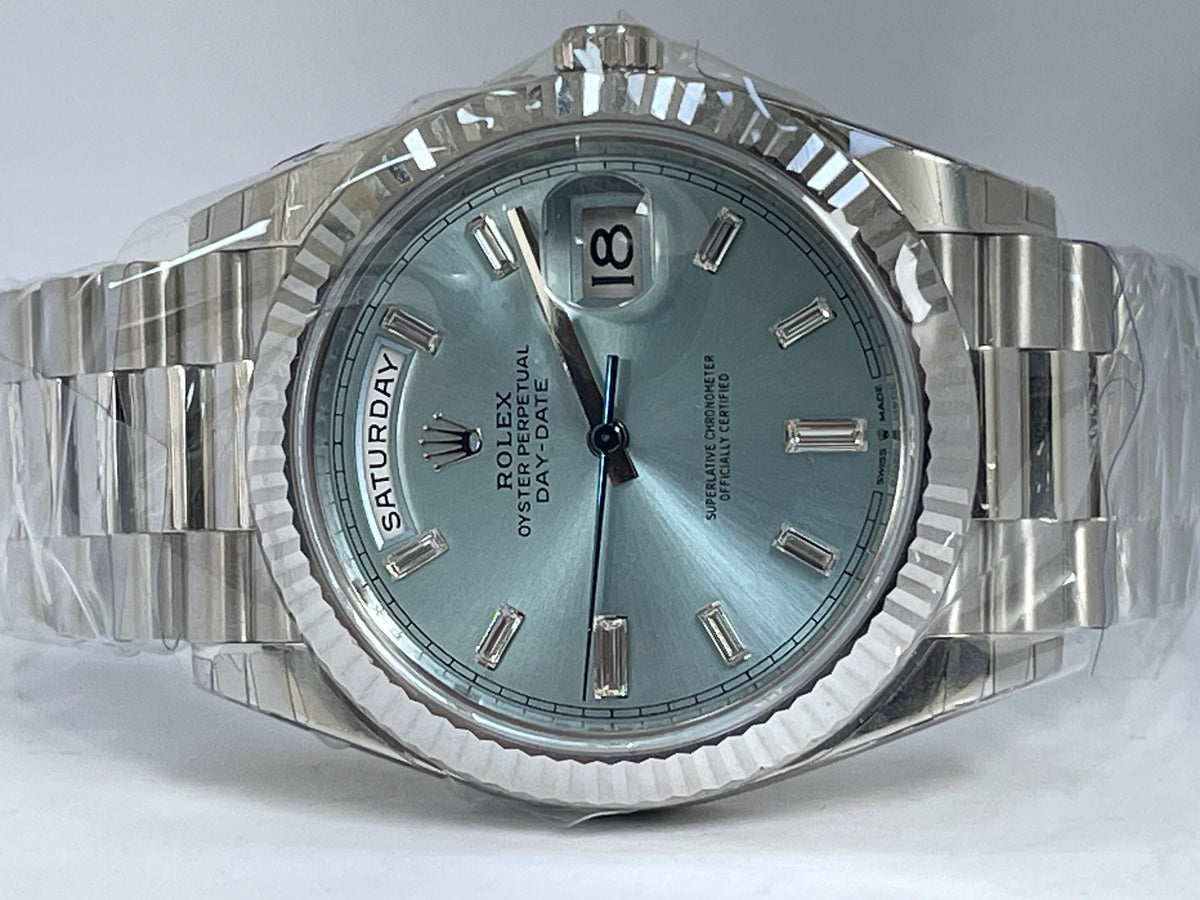 Rolex Platinum DayDate 40 2023 Fluted Bezel Ice Blue Baguette D