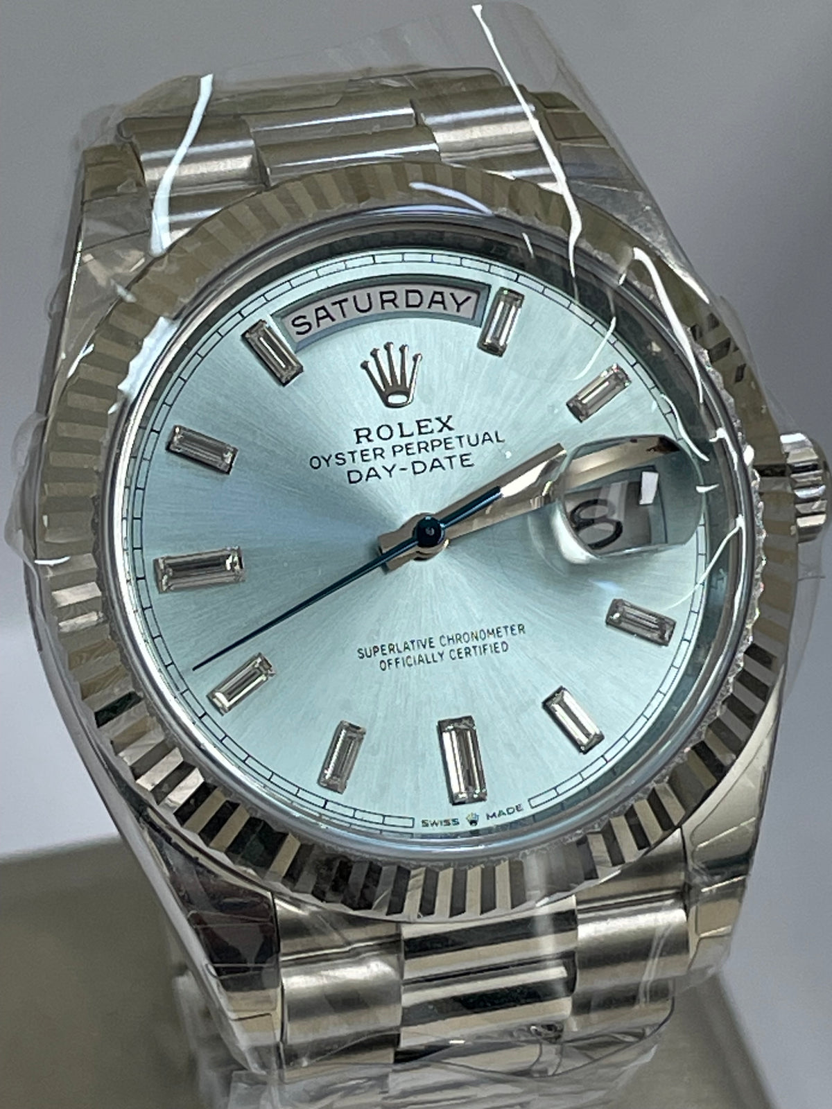 Rolex Platinum DayDate 40 2023 Fluted Bezel Ice Blue Baguette D