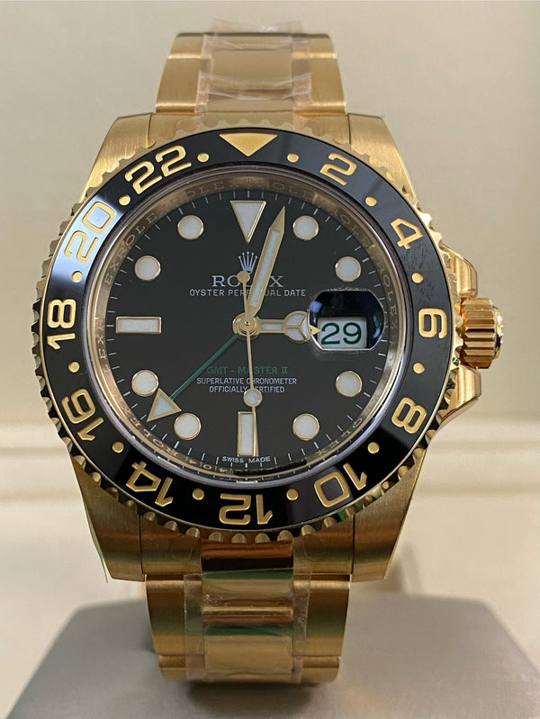 Rolex Yellow Gold GMT-Master II - 2015 - Black Dial - Green Arrow Hand - Oyster Bracelet - 116718LN *FULL STICKERS*