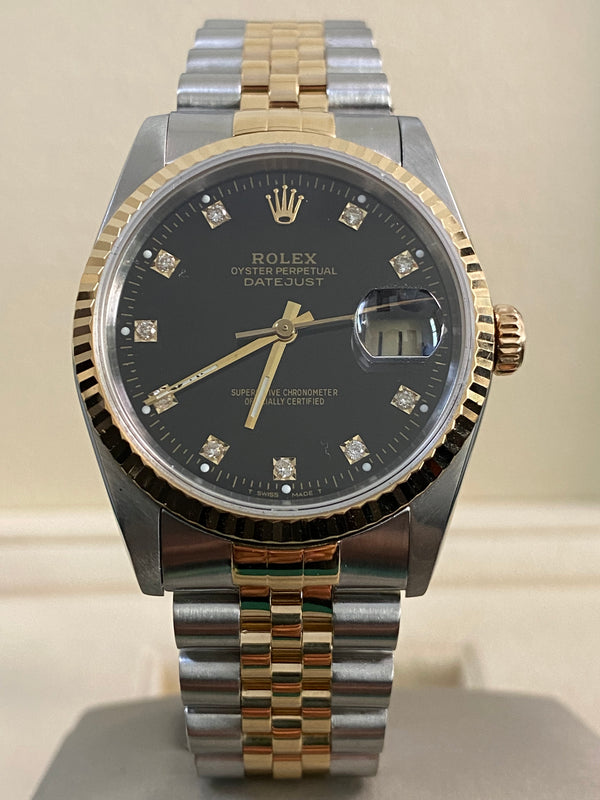 Rolex Steel & Yellow Gold Datejust 36 - 1991 - Fluted Bezel - Black Diamond Dial - 16233 *FULL SET*