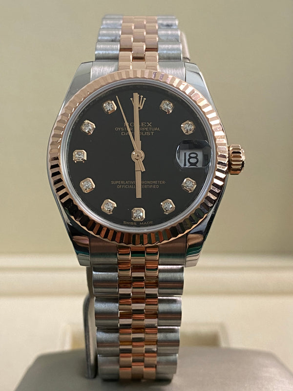 Rolex Rose Gold Rolesor Datejust 31 - 2018 - Fluted Bezel - Black Diamond Dial - Jubilee Bracelet - 178271 *FULL SET*