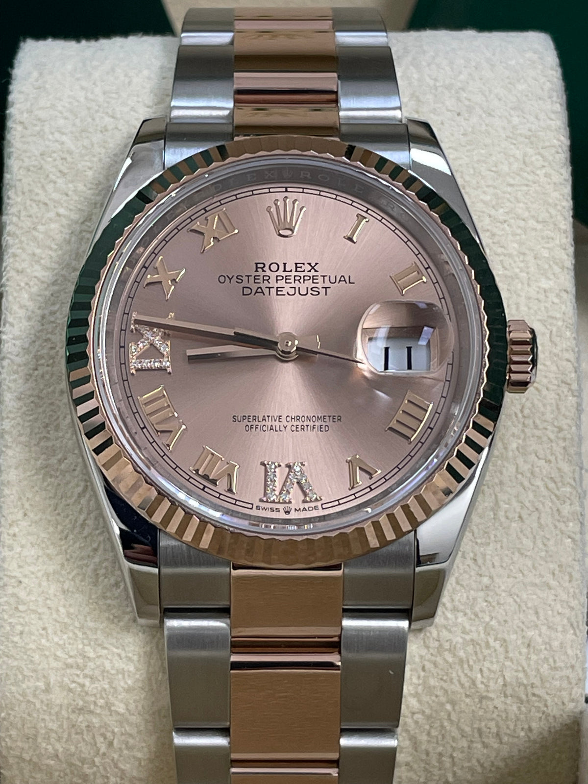 Rolex Steel and Everose Rolesor Datejust 36 - Fluted Bezel - Rose Colour Diamond Set Dial - Oyster Bracelet - 126231