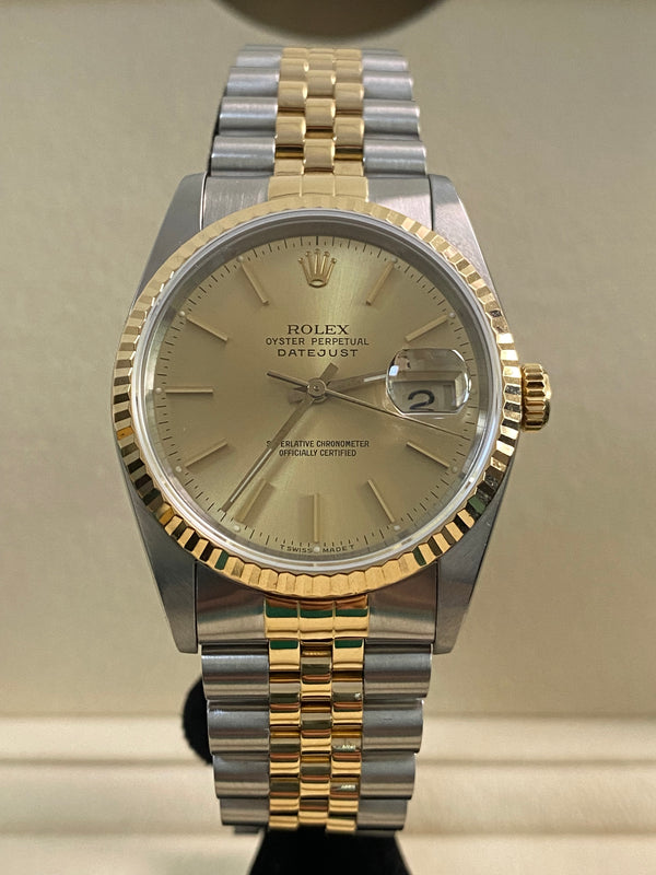 Rolex Steel & Yellow Gold Datejust 36 - 1990 - Fluted Bezel - Champagne Dial - 16233 *FULL SET*