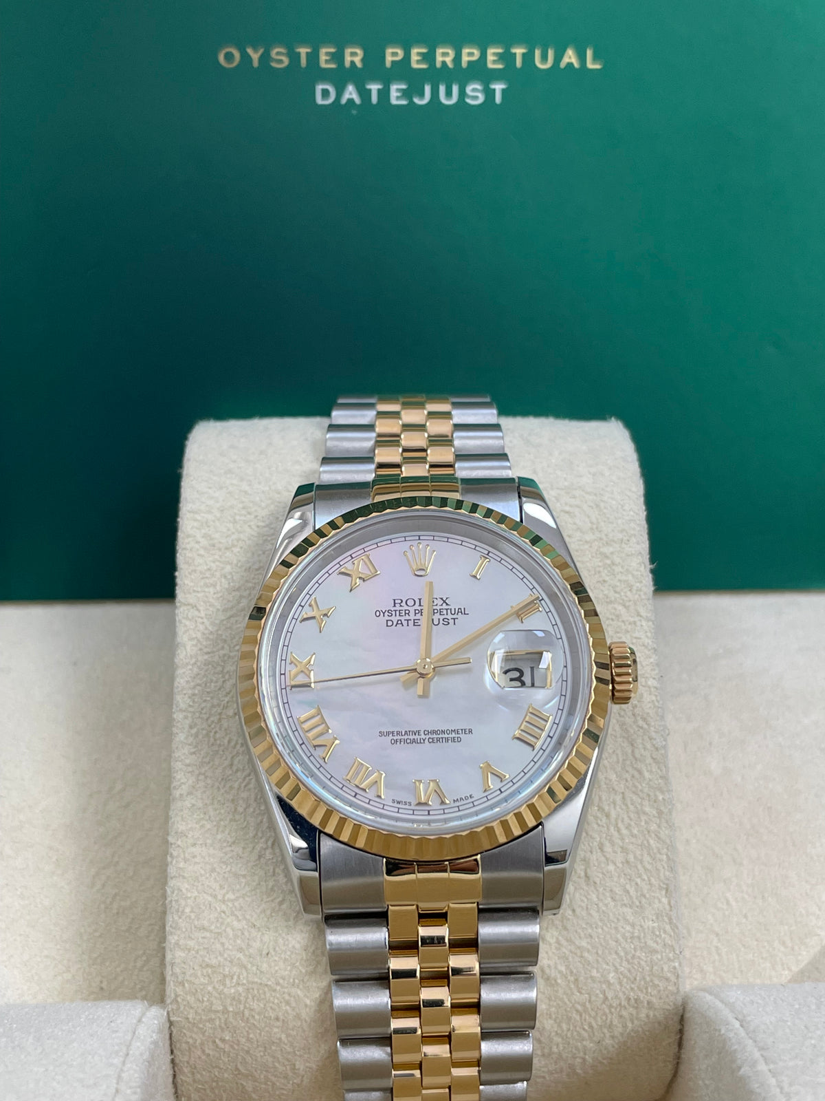 Rolex Steel and Yellow Gold Datejust 36 - U Serial - Fluted Bezel - Mother of Pearl Roman Dial - Jubilee Bracelet - 16233