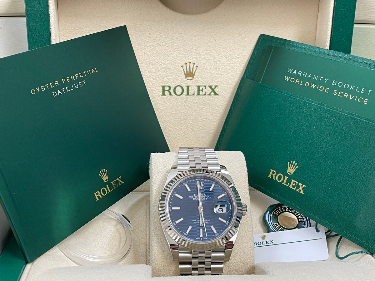 Rolex Steel and White Gold Datejust 41 - 2023 - Fluted Bezel - Bright Blue Motif Dial - Jubilee Bracelet - 126334