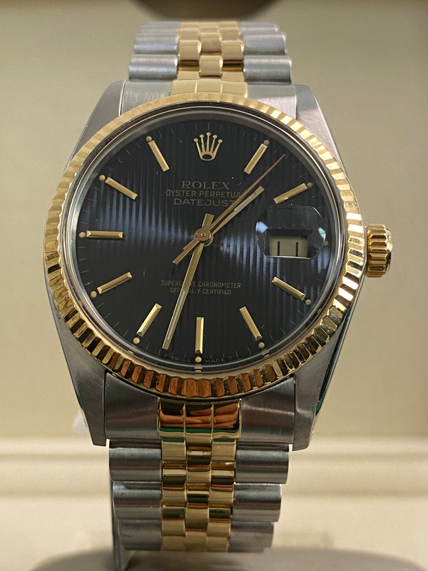 Rolex Steel & Yellow Gold Datejust 36 - 1986 - Fluted Bezel - Black Tapestry Dial - Jubilee Bracelet - 16013 *FULL SET*