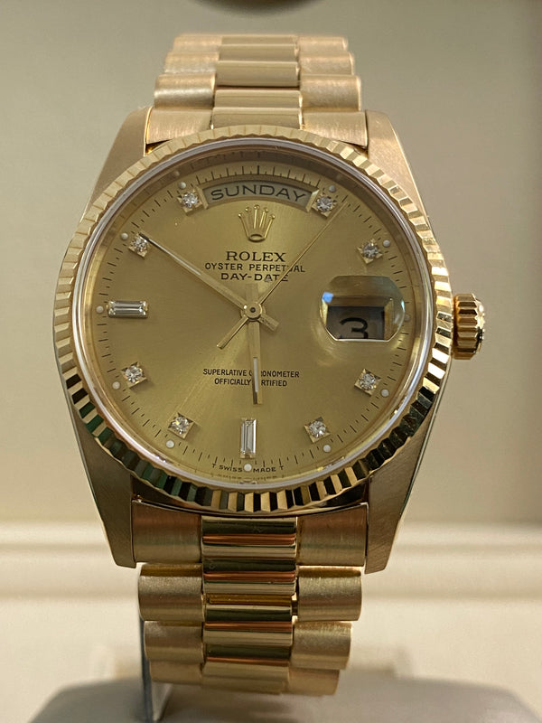 Rolex Yellow Gold Day-Date 36 - 1990 - Fluted Bezel - Factory Diamond Dial - President Bracelet  - 18238 *FULL SET*