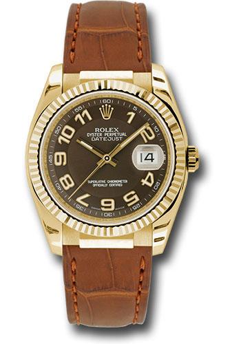Rolex Yellow Gold Datejust 36 Watch - Fluted Bezel - Brown Arabic Dial - Brown Leather - 116138 brab