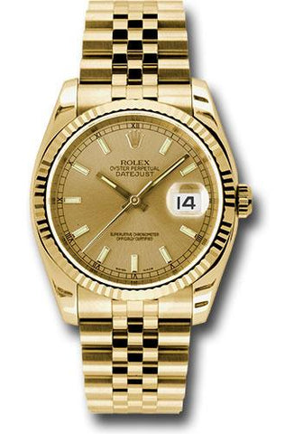 Rolex Yellow Gold Datejust 36 Watch - Fluted Bezel - Champagne Index Dial - Jubilee Bracelet - 116238 chsj