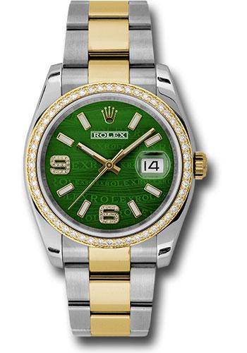 Rolex Steel and Yellow Gold Rolesor Datejust 36 Watch - 52 Diamond Bezel - Green Wave Diamond Arabic 6 And 9 Dial - Oyster Bracelet - 116243 gwdao