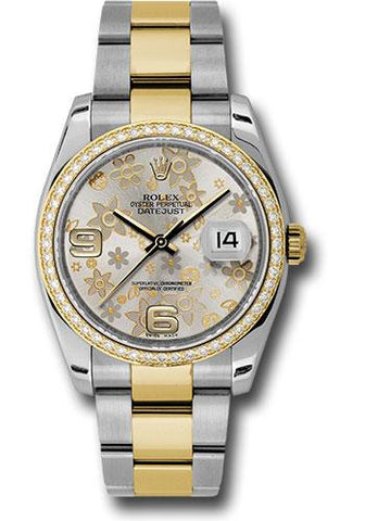 Rolex Steel and Yellow Gold Rolesor Datejust 36 Watch - 52 Diamond Bezel - Silver Floral Arabic Dial - Oyster Bracelet - 116243  sfao