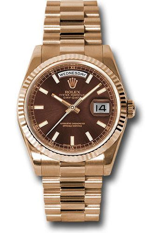 Rolex Everose Gold Day-Date 36 Watch - Fluted Bezel - Chocolate Index Dial - President Bracelet - 118235 choip