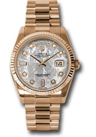 Rolex Pink Gold Day-Date 36 Watch - Fluted Bezel - Meteorite Diamond Dial - President Bracelet - 118235 mtdp