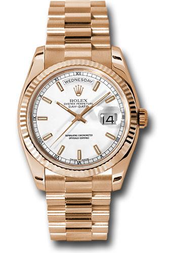 Rolex Pink Gold Day-Date 36 Watch - Fluted Bezel - White Index Dial - President Bracelet - 118235 wsp