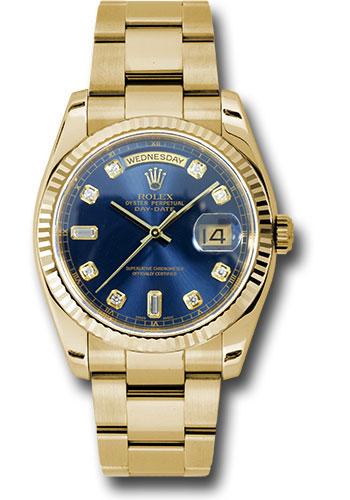 Rolex Yellow Gold Day-Date 36 Watch - Fluted Bezel - Blue Diamond Dial - Oyster Bracelet - 118238 bdo