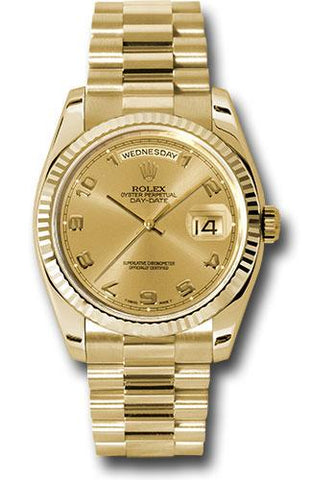Rolex Yellow Gold Day-Date 36 Watch - Fluted Bezel - Champagne Arabic Dial - President Bracelet - 118238 chap