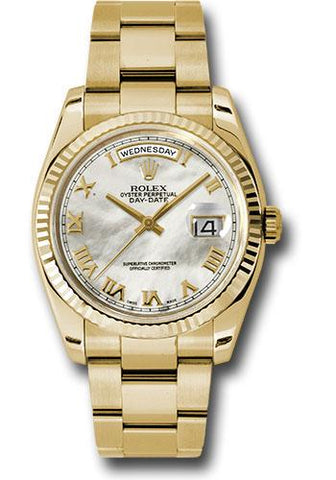 Rolex Yellow Gold Day-Date 36 Watch - Fluted Bezel - Mother-Of-Pearl Roman Dial - Oyster Bracelet - 118238 mro