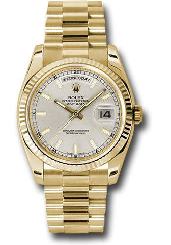 Rolex Yellow Gold Day-Date 36 Watch - Fluted Bezel - Silver Index Dial - President Bracelet - 118238 sip