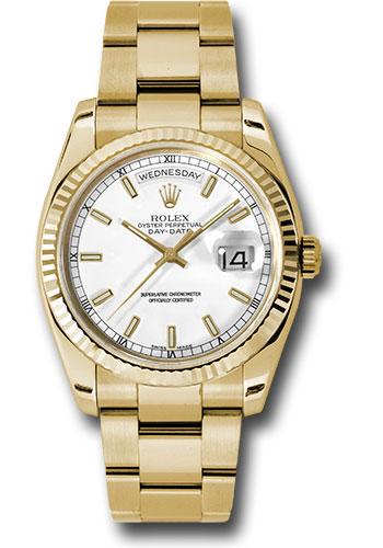 Rolex Yellow Gold Day-Date 36 Watch - Fluted Bezel - White Index Dial - Oyster Bracelet - 118238 wso