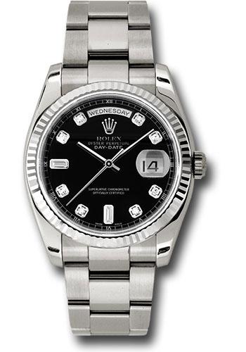 Rolex White Gold Day-Date 36 Watch - Fluted Bezel - Black Diamond Dial - Oyster Bracelet - 118239 bkdo