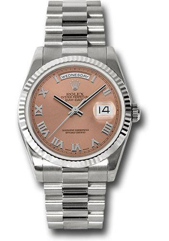 Rolex White Gold Day-Date 36 Watch - Fluted Bezel - Copper Roman Dial - President Bracelet - 118239 crp