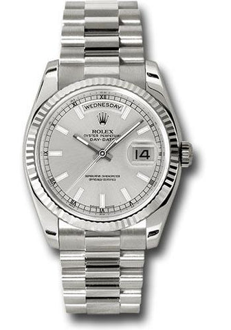 Rolex White Gold Day-Date 36 Watch - Fluted Bezel - Silver Index Dial - President Bracelet - 118239 ssp