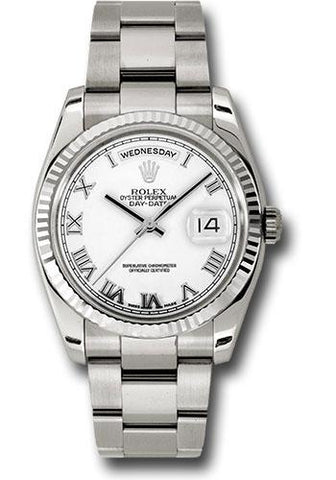 Rolex White Gold Day-Date 36 Watch - Fluted Bezel - White Roman Dial - Oyster Bracelet - 118239 wro