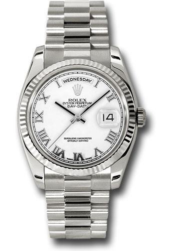 Rolex White Gold Day-Date 36 Watch - Fluted Bezel - White Roman Dial - President Bracelet - 118239 wrp